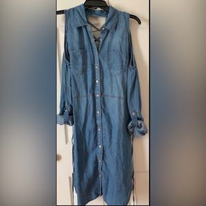 VENUS Soft Denim Cold Shoulder Long Sleeve ButtonDown Dress,Color:Blue,SizeM NEW